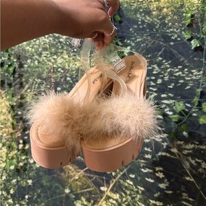 Beige Fluffy Platform Sandals